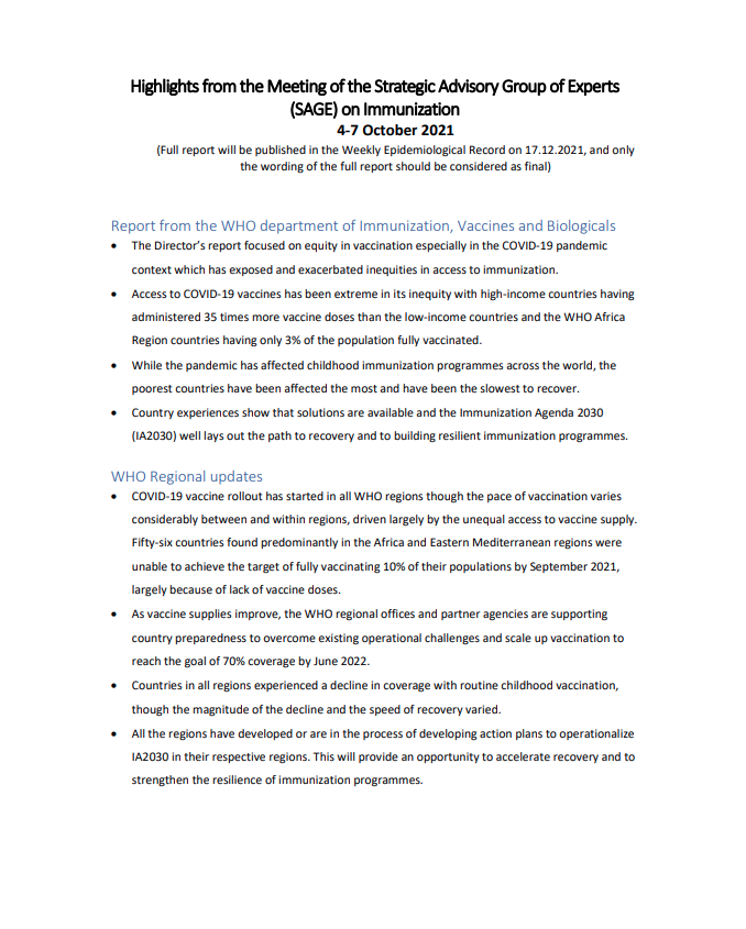 Highlights from the Meeting of the Strategic Advisory Group of Experts (SAGE) on Immunization, 2021
